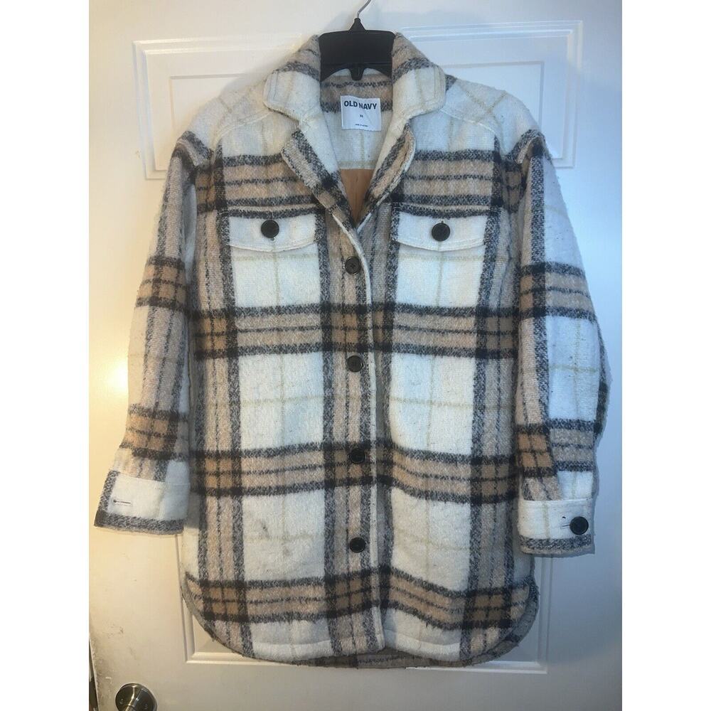 Old Navy Plaid Jacket Beige Black Fall Winter Women’s XS Oversized Fleece Coat